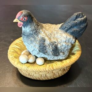 Vintage MIC Ceramic Hen and Eggs on Basket Music Box - Plays Old McDonald